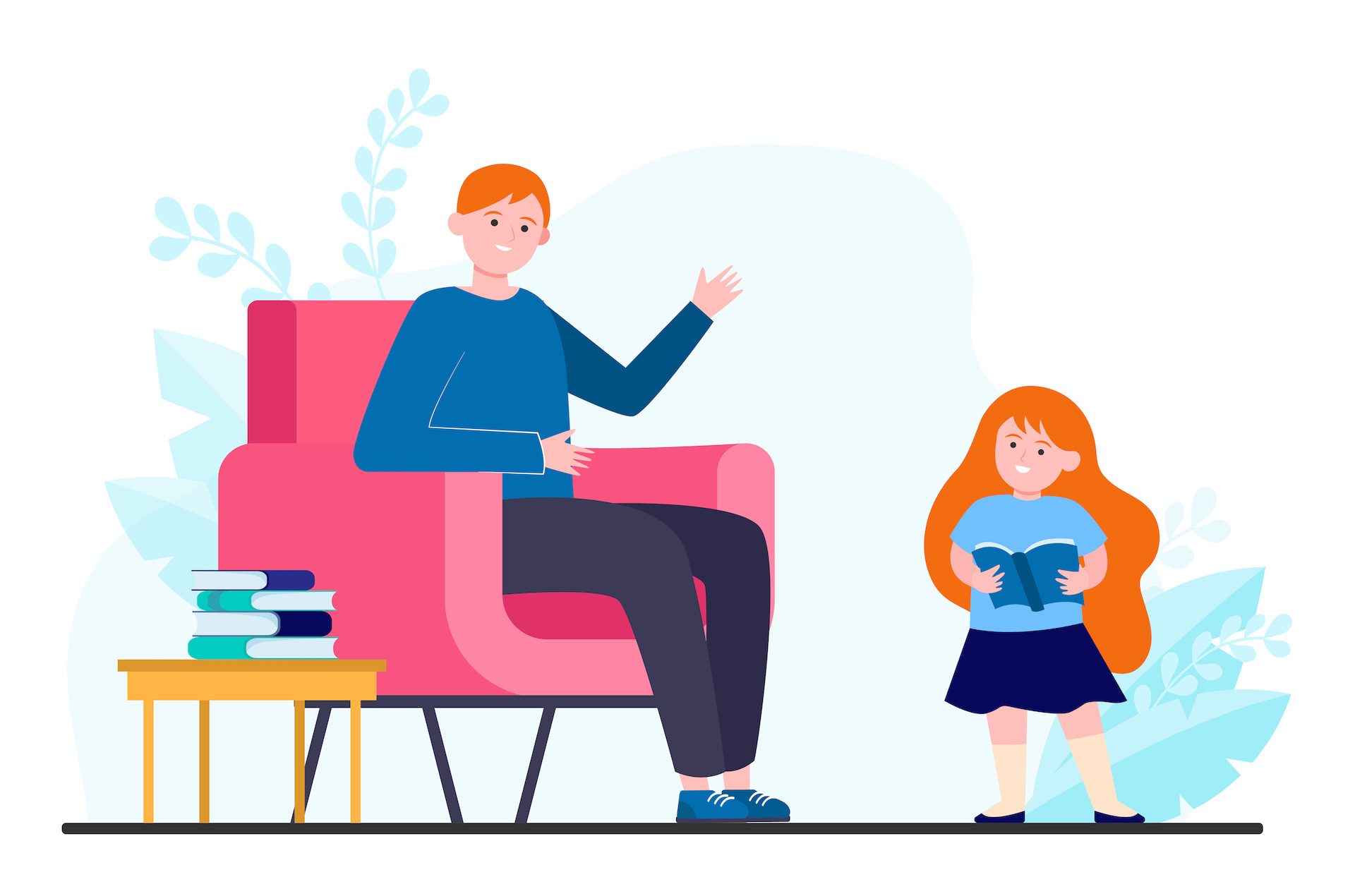 Dad and daughter fond of reading. Girl holding open book and walking to father flat vector illustration. Reading family, childhood concept for banner, website design or landing web page