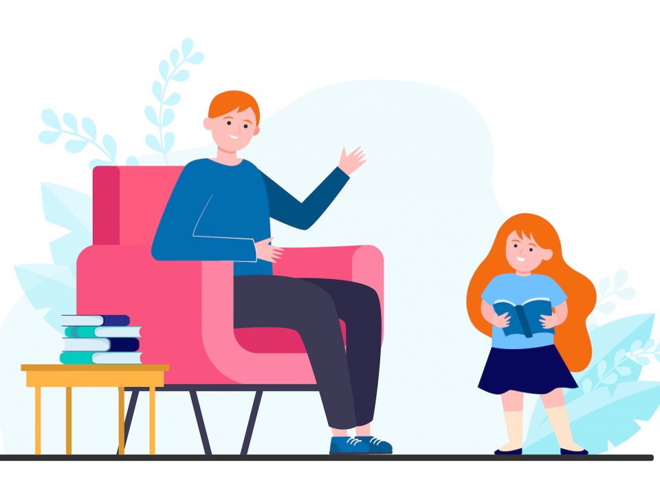 Dad and daughter fond of reading. Girl holding open book and walking to father flat vector illustration. Reading family, childhood concept for banner, website design or landing web page